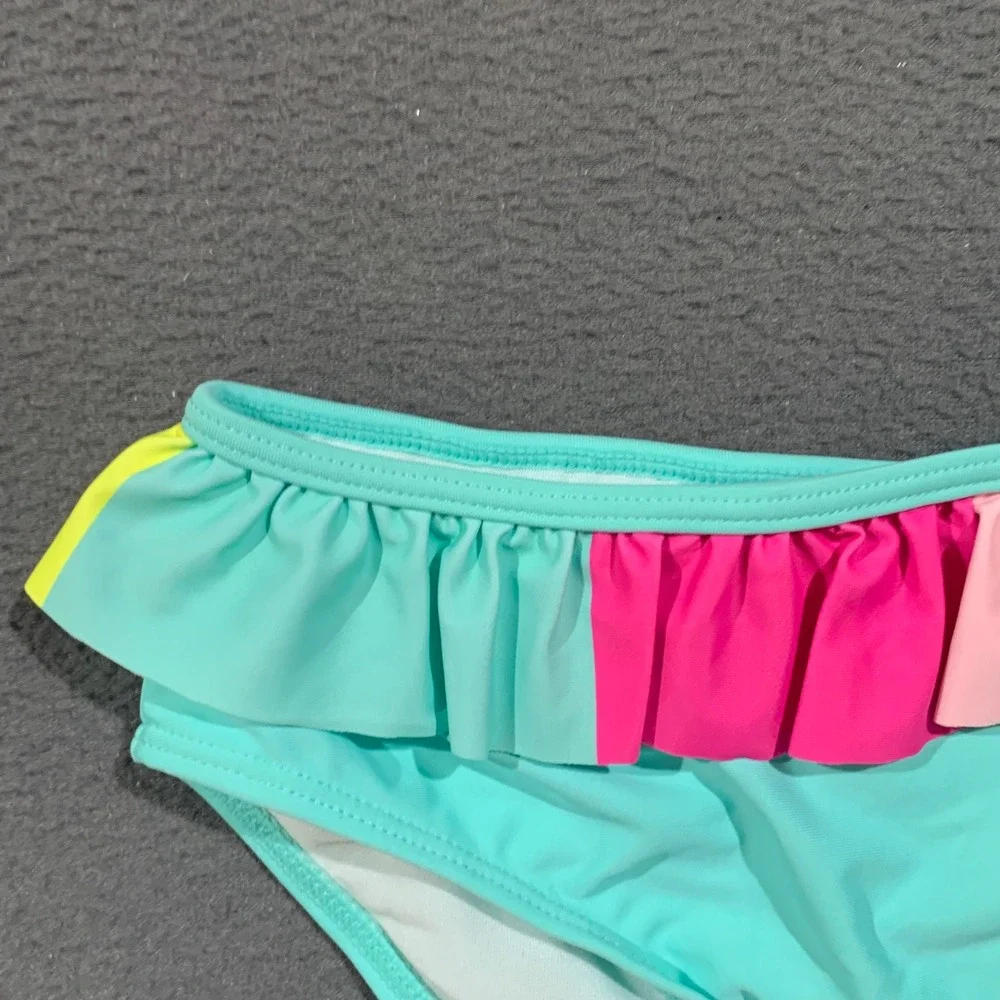 Unbranded Bikini Girls Size 12 Neon Orange Aqua Ruffle One Shoulder Swimsuit